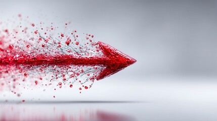 Glittering red arrow explodes into particles against a soft gray background
