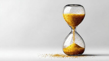 Golden sand cascades through glass hourglass on stark white background