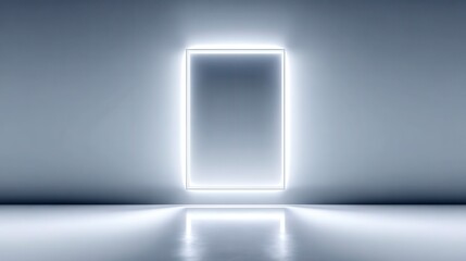 Glowing rectangular portal in a minimalist, reflective space