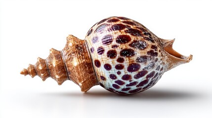 Intricate spiral seashell with brown spotted pattern against white