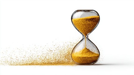 Hourglass with sand spilling out on white background