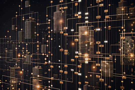 Futuristic cityscape with glowing digital connections and data streams - Powered by Adobe