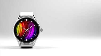 Silver wristwatch with vibrant, swirling rainbow display