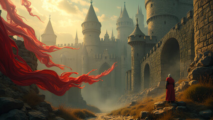 Eine surreale, abstrakte Interpretation mittelalterlicher &Auml;sthetik. Schwebende Fragmente von Steinburgen. KI Generated