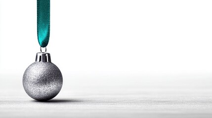 Single silver ornament hangs from teal ribbon on white background