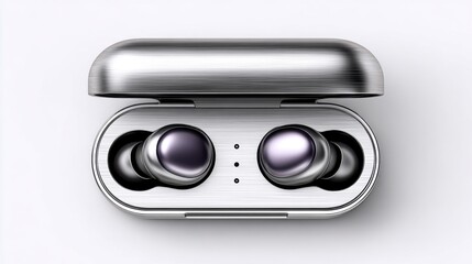 Sleek metal earbuds and open charging case on a white background