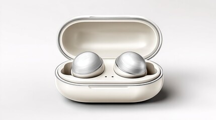 Sleek, metallic earbuds rest in a minimalist charging case