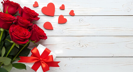 Bouquet of red roses with hearts on white wooden background for valentines day