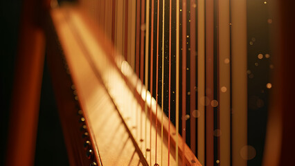 Eine eindrucksvolle Makroaufnahme einer Harfe in einer k&uuml;nstlerischen, filmischen Szene. Gestochen scharfe Details offenbaren den fein geschnitzten Holzrahmen. KI Generated 