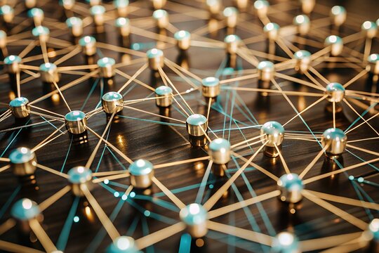 Golden network connections on a dark wooden background - Powered by Adobe