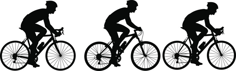 Obraz premium Vector Silhouettes Set of Cyclists Riding Road Bike, Mountain Bike, and Racing Bicycle, Showing Different Positions and Cycling Styles on White Background (24 words)