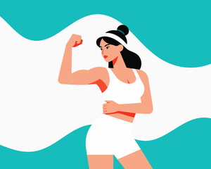 A woman in white workout clothes flexing her arm muscle with confidence and strength