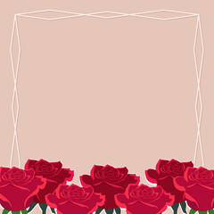 Greeting card with red roses and elegant frame. Vector illustration.