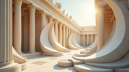 Eine abstrakte, k&uuml;nstlerische Vision der Antike. Marmors&auml;ulen winden sich zu flie&szlig;enden, wei&szlig;en Serpentinenformen, w&auml;hrend Fragmente klassischer Statuen wie Steinbl&uuml;tenbl&auml;tter schweben.KI Generated