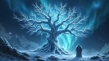 Eine surreale, abstrakte Interpretation der nordischen Mythologie. Uralte Runen winden sich zu leuchtenden, blau-wei&szlig;en Energiestr&ouml;men, die wie lebendiges Licht pulsieren. KI Generated