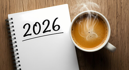 A cup of coffee and a notebook with 2026 written on it on a wooden table