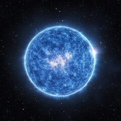 Obraz premium Blue giant star glowing intensely, revealing solar flares and sunspots amid sparkling stellar landscape, illuminating infinite dark cosmic background