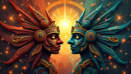 Eine abstrakte, visuell komplexe Komposition, inspiriert von der g&ouml;ttlichen Welt der Azteken.KI Generated