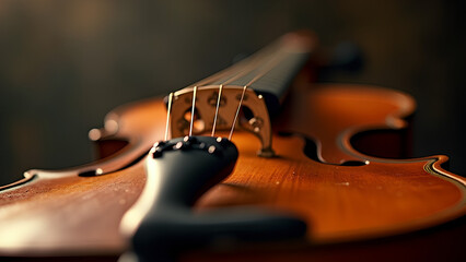 Eine eindrucksvolle Makroaufnahme eines Musikinstruments in einer filmischen Szene. Extrem scharfe Details zeigen Texturen wie polierte Holzmaserung. KI Generated