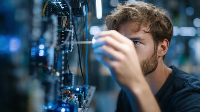 Handsome male electrical engineer testing a circuit board connected to a computer