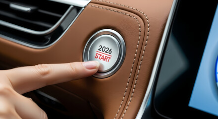 Closeup of finger pressing car ignition button with 2026 start label on silver and brown interior