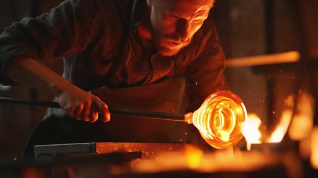 Handsome male glassblower spinning molten glass, bright workshop
