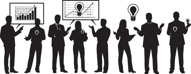 Black Solid Entrepreneur Investor Pitch Silhouettes Set of Six on White Background