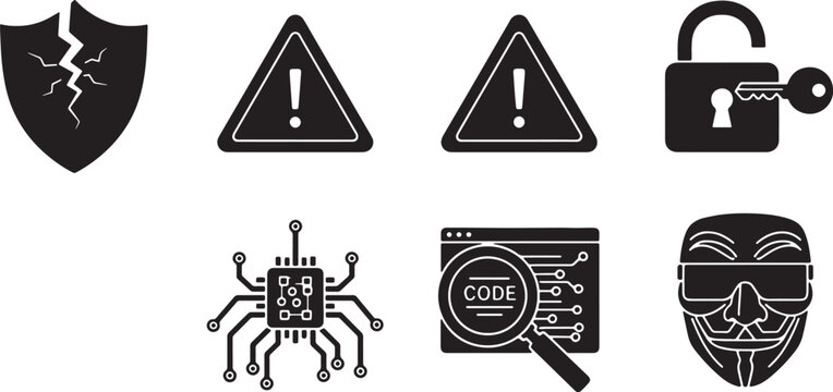 Black Solid E-Commerce Security Vulnerability Silhouettes Set of Six on White Background