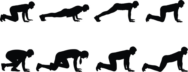 Athletic male and female silhouettes performing high-intensity burpees or push-ups, illustrating bodyweight fitness, strength, and dynamic full-body workout exercises on white background.