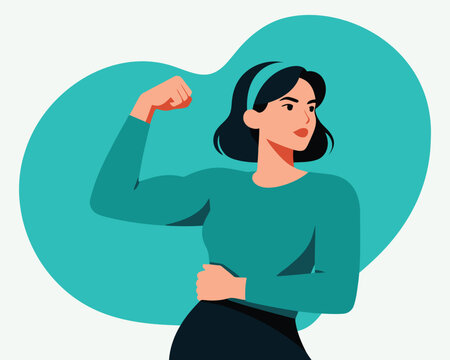 Confident woman flexing her arm in a green shirt and black skirt on a green background