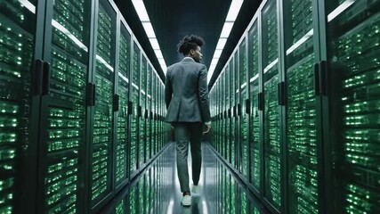 Professional person in a dark suit walks down a brightly lit aisle of servers in a data center with glowing green lights and a high tech modern atmosphere. - Powered by Adobe