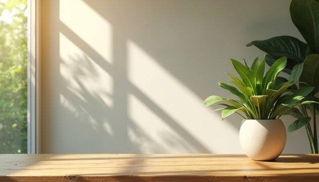 Sunlight streams through window, casting leaf shadows on wall. Potted plant sits on wood table, offering clean desk space for meetings. Modern office backdrop.