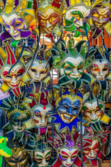 Colorful carnival masks for sale at the French Market, in New Orleans, NOLA Mardi Gras, Louisiana