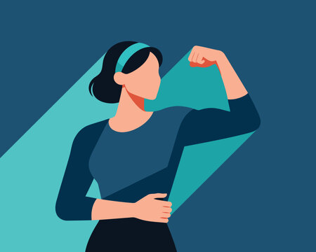 Confident woman flexing her arm muscle in a dynamic pose with green light