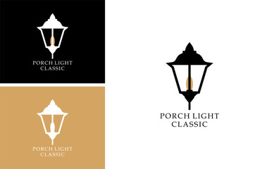 Porch light logo vector design with classic lantern lamp icon for exterior lighting home decor real estate and architectural branding identity © sarifah