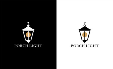 Porch light logo vector design with classic lantern lamp icon for exterior lighting home decor real estate and architectural branding identity