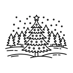 Obraz premium A simple line drawing of a christmas tree with snowy forest background
