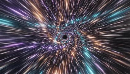 A vibrant spiral of rainbow light ribbons converges at a dark center, evoking cosmic motion and awe - Powered by Adobe