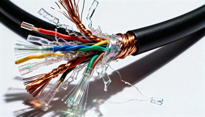 Network cable stripped to expose copper conductors, twisted pairs, fiber filaments and connector ends on a clean white background with ample negative space available for text or design and product pre