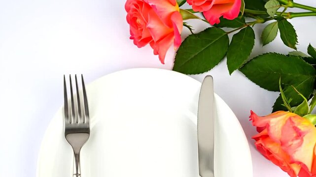 A white plate with fork and knife, decorated with roses and green leaves on a white background