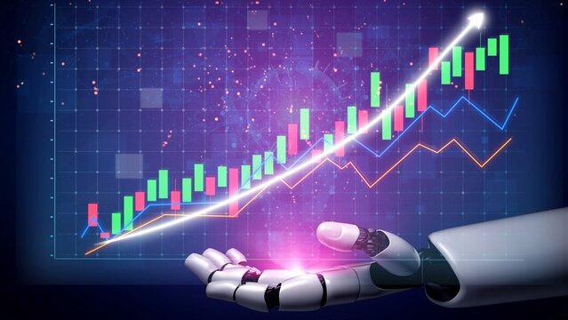 A robotic hand showcases stock market data with ascending graphs and vibrant colors, symbolizing advancement in technology and finance, representing future possibilities. Copula - Powered by Adobe