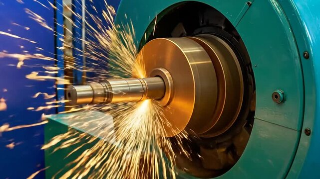 A circular metal object is being grinded, releasing bright sparks. Blue and green machine