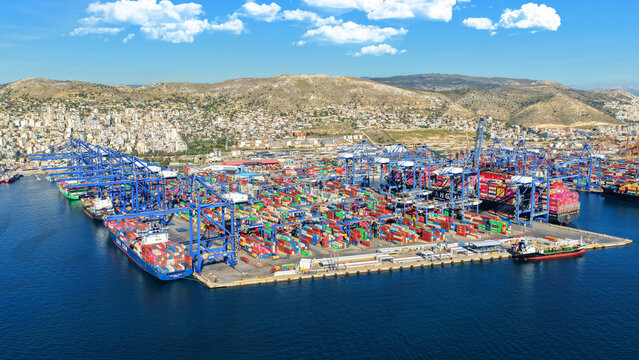 Aerial drone photo of logistics port and container terminal of Piraeus, Attica, Greece