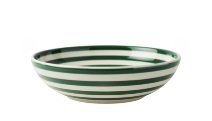 Green and white striped ceramic bowl isolated on a transparent background stripes
