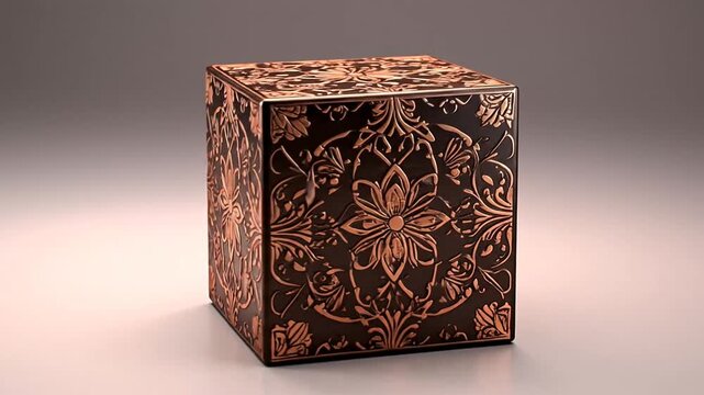 A cube with detailed floral patterns in copper color, resting on a white-pink gradient background