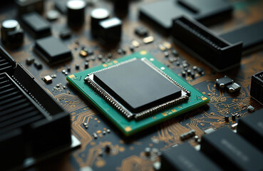 Computer motherboard detail with central processor chip and RAM sticks. Electronic parts form interconnected circuit paths. Tech hardware for computation and data processing.