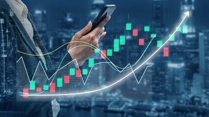A businessman reviews stock market trends with a smartphone in hand, showcasing financial graphs and charts against a modern city background, highlighting investment opportunities. Copula