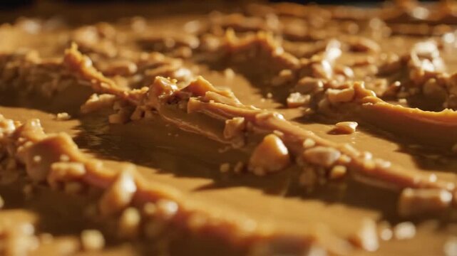 Close Up Shot of Melting Caramel and Crushed Peanuts Brittle Texture