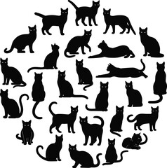 Black cat silhouette collection in circular layout, playful feline poses, minimalist animal illustration set, pet themed design isolated background