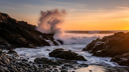 Fototapeta premium Storm clouds over the ocean and sea with dark waves along a rocky coastline at dusk